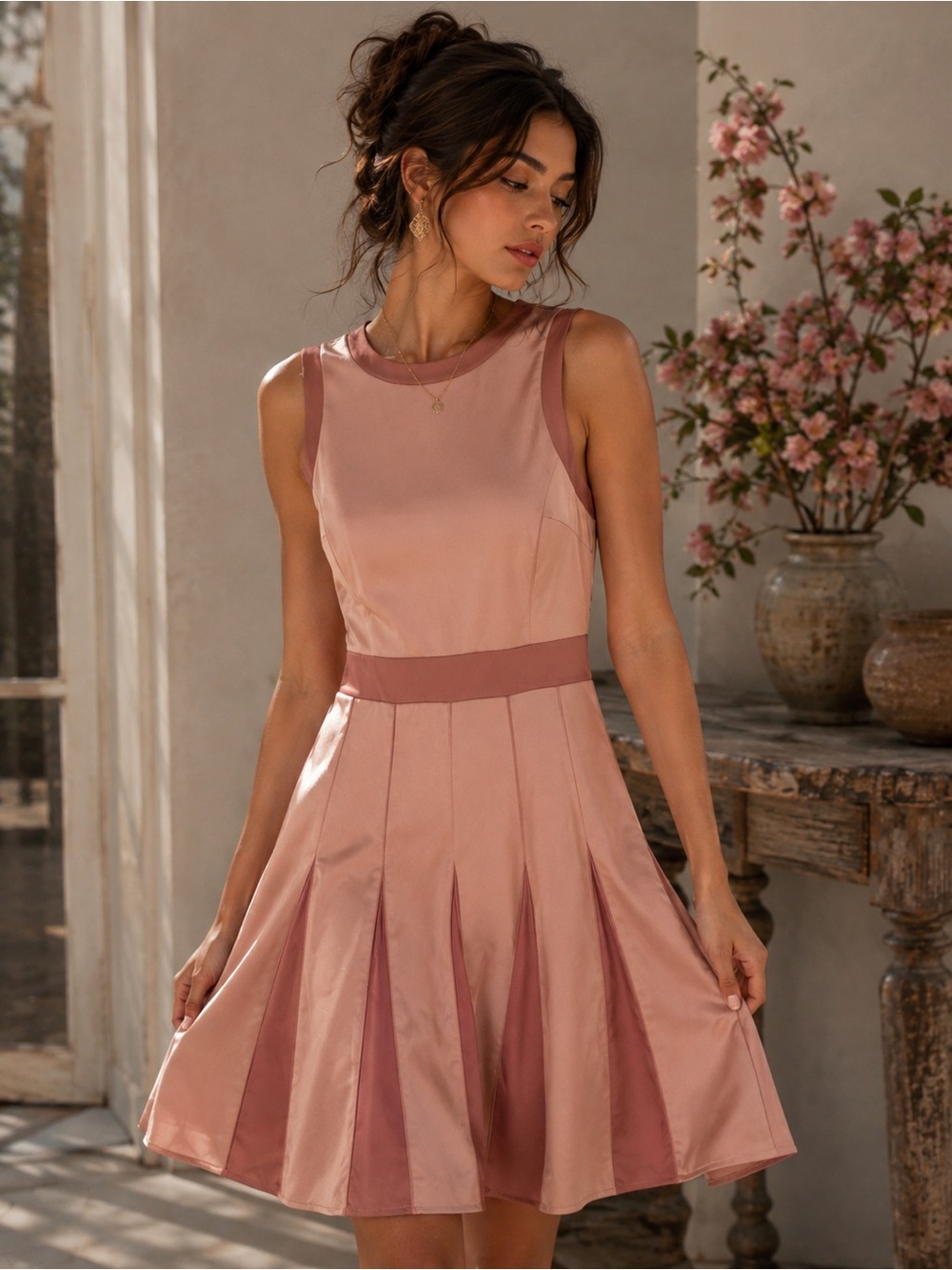 Ava & Aiden Size 6 Dusty Rose Satin Pleated Fit & Flare Dress